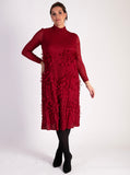 Elegant Wine Red Textured Floral Applique Dress