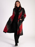 Black/Red Scribble Embroidered Coat with Contrast Panelled Trim