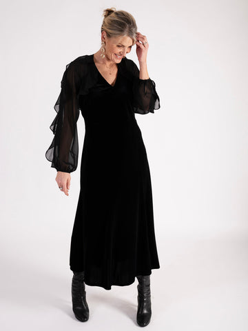 A Black Stretch Velvet Dress with Crepe Chiffon Overarm Frill