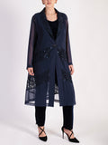 Dark Navy Chiffon Barrel Coat with Lace Chevron Inset Trim