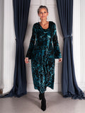Teal/Black Château Jardin Cowl Neck Velvet Devore Bubble Dress