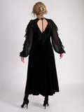 Black Stretch Velvet Dress with Crepe Chiffon Overarm Frill