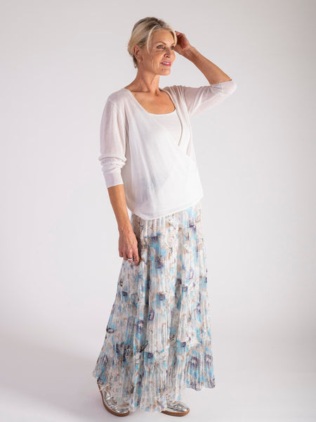 Ivory/Sky/Sand Floral Pleated Tiered Skirt