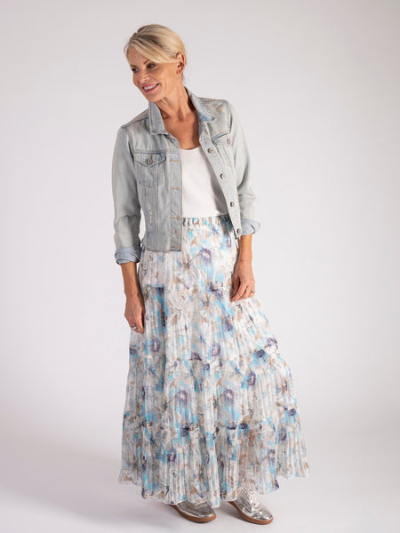 Ivory/Sky/Sand Floral Pleated Tiered Skirt
