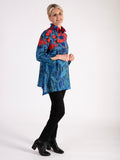 A Blue/Red Abstract Floral Print Wire Neck Collar Shirt