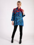 A Blue/Red Abstract Floral Print Wire Neck Collar Shirt