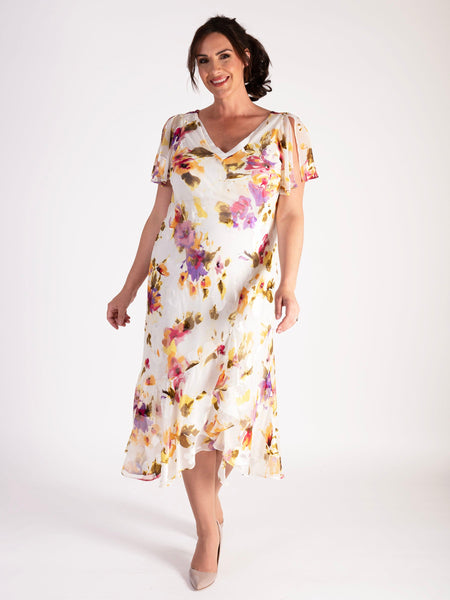 A Ivory/Multi Sunshine Floral Silk Devoree Dress with Chiffon Neckline