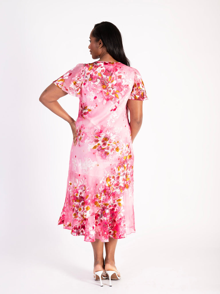 Rose/Multi Hand Painted Floral Silk Satin Devoree Cowl Neck Dress ...