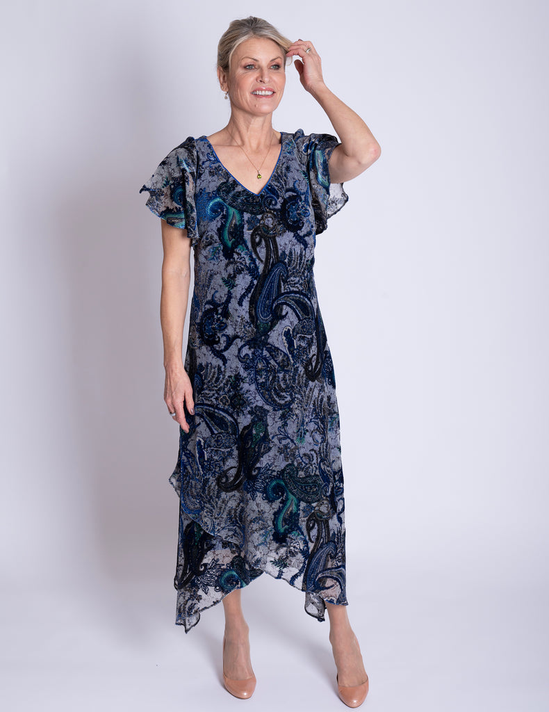 Cobalt/Pewter Paisley Velvet Devoree Dress | Chesca Direct
