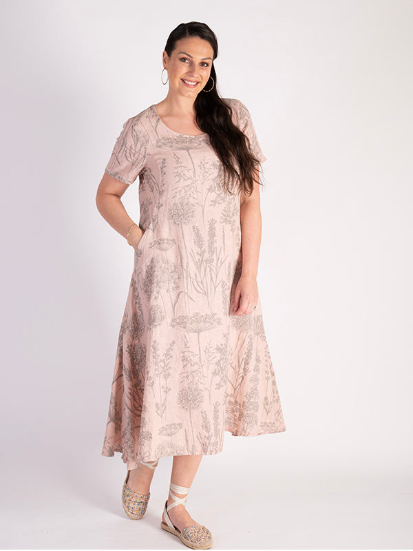 Pink/Grey Floral Linen Dress | Chesca Direct