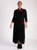 Frank Lyman Black Jersey Drape Dress with Red Contrast Cowl Neck and Detailing