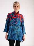 A Blue/Red Abstract Floral Print Wire Neck Collar Shirt