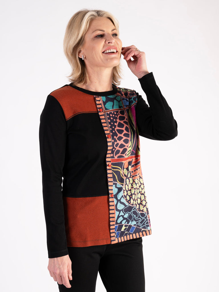 Black/Multi Patchwork Top With Button Detail | Chesca Direct