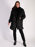 Black Swirl Embroidery Quilted Coat with Knitted Collar