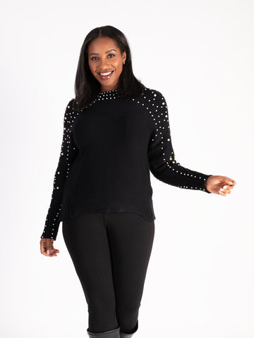 Black Crew Neck Jumper With Pearl Details - Promotion Until 30th March 2025