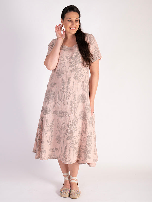 Pink/Grey Floral Linen Dress | Chesca Direct