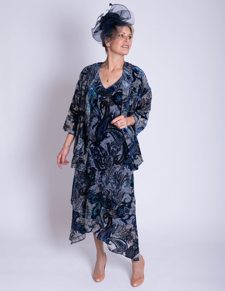 Cobalt/Pewter Paisley Velvet Devoree Dress