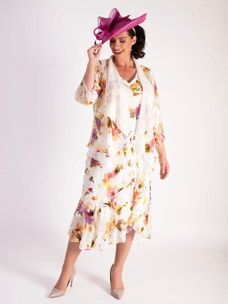 Ivory/Multi Sunshine Floral Silk Devoree Dress with Chiffon Neckline ...
