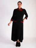 Frank Lyman Black Jersey Drape Dress with Red Contrast Cowl Neck and Detailing