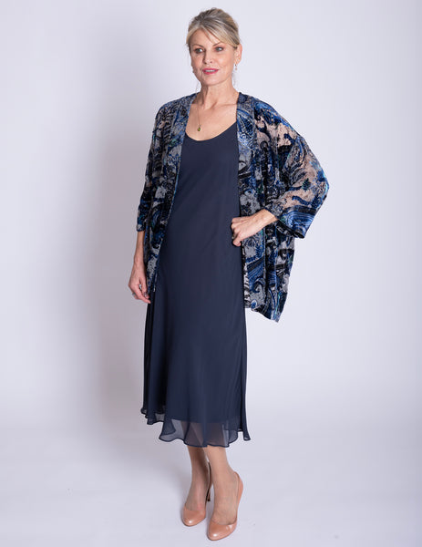 Cobalt/Pewter Paisley Lace Velvet Devoree Kimono Jacket