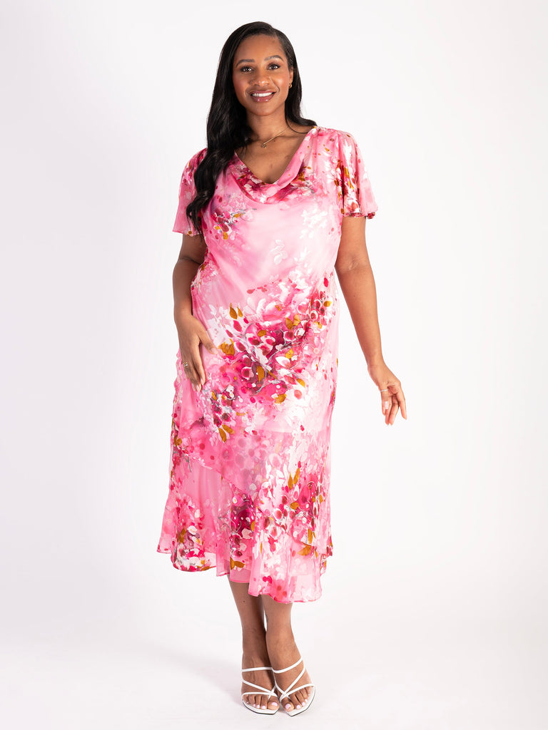 Rose/Multi Hand Painted Floral Silk Satin Devoree Cowl Neck Dress ...