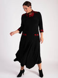 Frank Lyman Black Jersey Drape Dress with Red Contrast Cowl Neck and Detailing