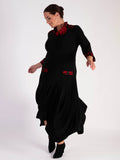 Frank Lyman Black Jersey Drape Dress with Red Contrast Cowl Neck and Detailing