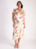 A Ivory/Multi Sunshine Floral Silk Devoree Dress with Chiffon Neckline