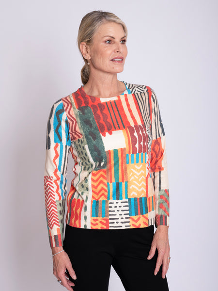 Cream/Orange Graphic Patchwork Sweater