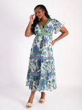 Pearl/Emerald Tiered Chiffon Maxi Dress with Short Frill Trimmed Sleeves and Metallic Detailing