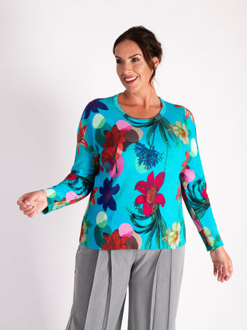 A Turquoise/Multi Fine Knit Floral Sweater