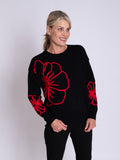 Black/Red Embroidered Floral Illustration Motif Jumper