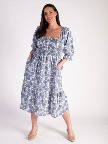 A Indigo Blossom Print Short Sleeve Cotton Dress with Shirred Bodice
