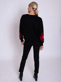 Black/Red Embroidered Floral Illustration Motif Jumper