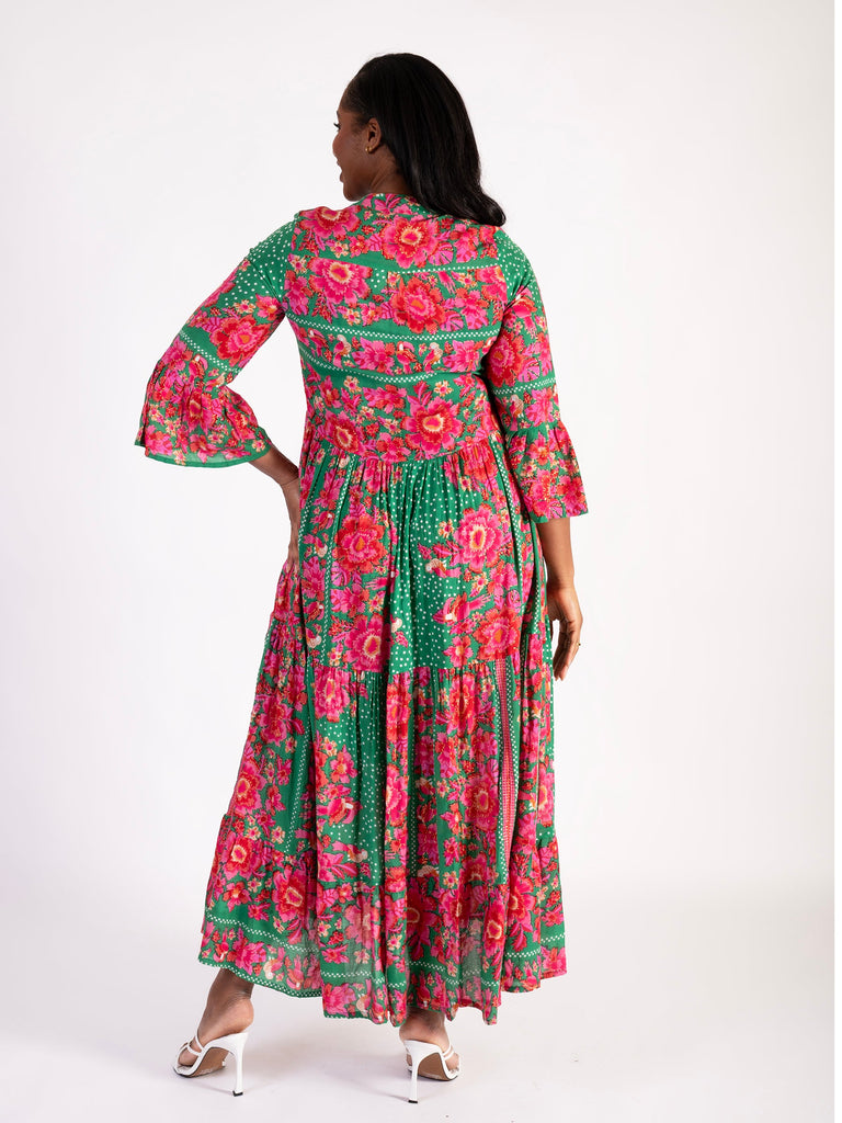 Green/Pink Floral Print Button Front Maxi Dress with 3/4 Trumpet
