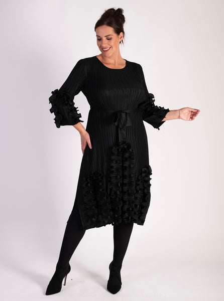 Black Pleated Dress with Feminine Frills