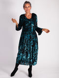 Teal/Black Château Jardin Cowl Neck Velvet Devore Bubble Dress