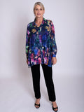Blue/Violet Jewel Symphony Jacquard Semi-Sheer Blouse With Back Pleated Detail
