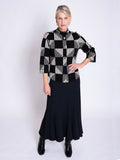 Black/Cream Short Knitted Jacket with Geometric Patterned Squares and Gold Fastenings