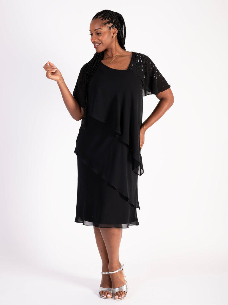 Glamorous Black Tiered Chiffon Dress with Asymmetric Neckline and Diam Glamorous Black Tiered Chiffon Dress with Asymmetric Neckline and Diam