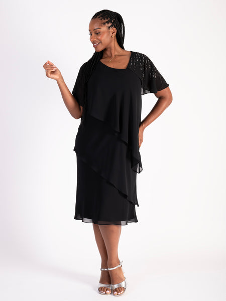 Glamorous Black Tiered Chiffon Dress with Asymmetric Neckline and Diamanté Shoulder Detail