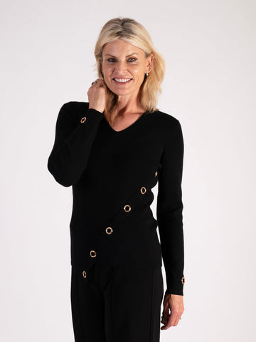 A Black Fine Knit V Neck Top with Diagonal Eyelet Detail