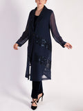 Dark Navy Chiffon Barrel Coat with Lace Chevron Inset Trim