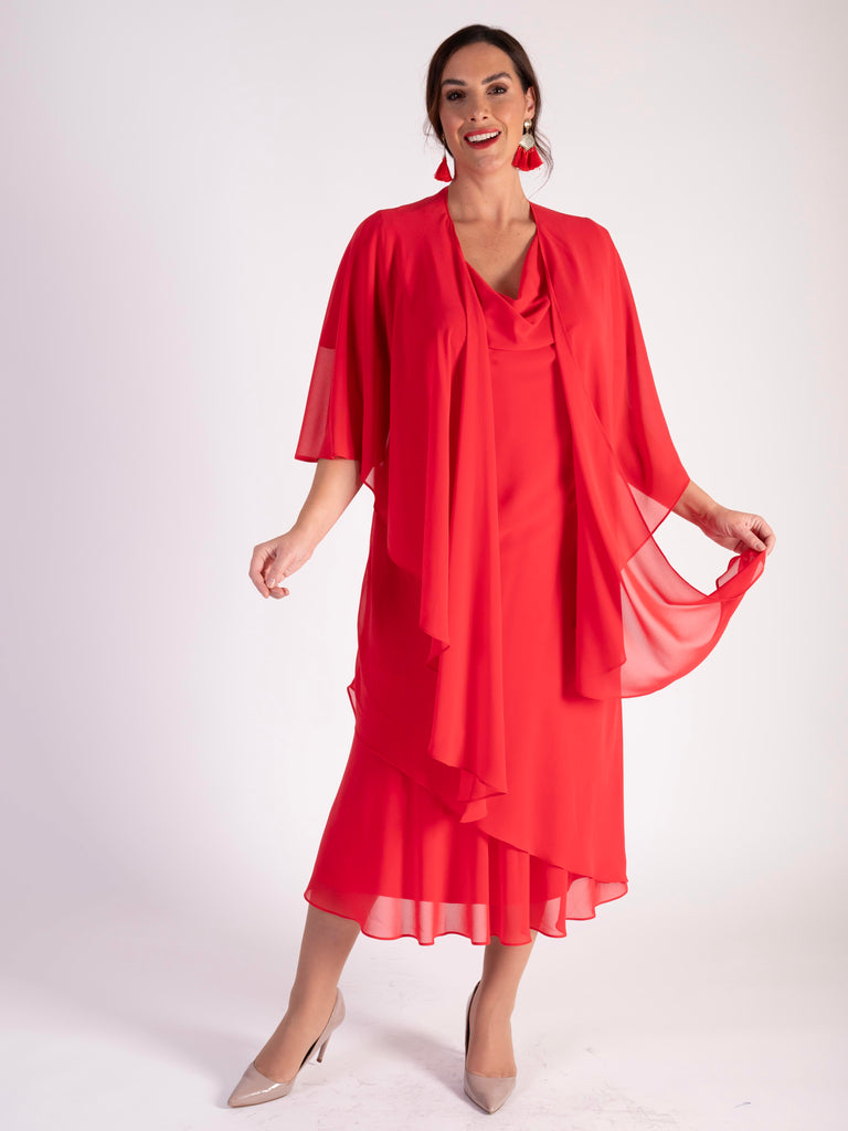 Poppy Double Layer Chiffon Cowl Neck Dress with Angel Sleeves Chesca Direct