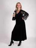 Black Stretch Velvet Dress with Crepe Chiffon Overarm Frill