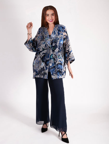 Cobalt/Pewter Paisley Lace Velvet Devoree Kimono Jacket | Chesca Direct