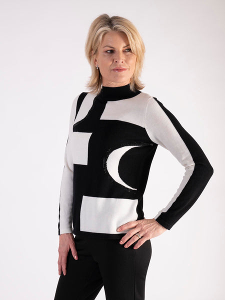 A Black/White Abstract Shapes Jumper With Diamanté Detail