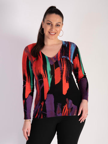 Abstract Stroke Print V-Neck Jumper