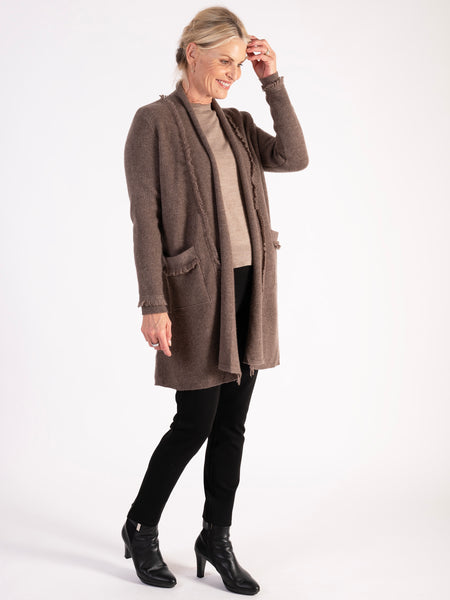 100% Cashmere Coffee Textured Cardigan with Fringe Details