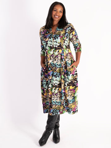 Black & Multi Garden Floral Notch Neck Zip-Front Balloon Dress